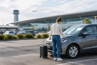 Voyageur vérifiant une voiture de location devant l’aéroport Toulouse-Blagnac avec une valise près du coffre.