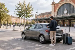 Conducteur inspectant une voiture de location avec ses valises devant la gare Toulouse-Matabiau.